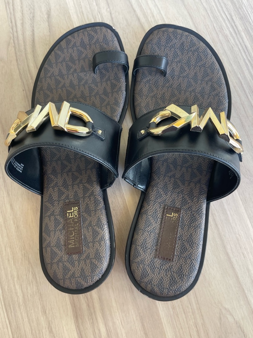 Michael Kors Black Slides with Gold MK Emblem - Picture 2 of 13